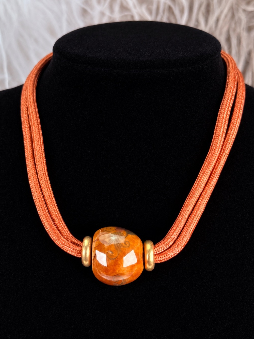 Vintage Orange Multi Strand Cord Choker Necklace Large Marbled Focal Bead